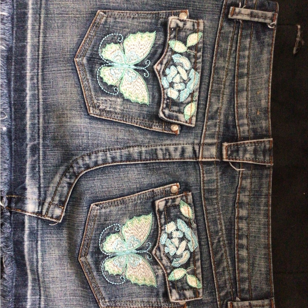 Embroidered Denim Skirt with Butterfly and Floral Design